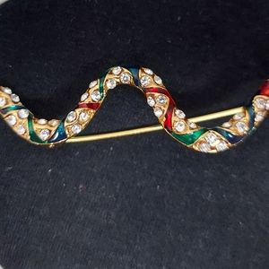 Vintage Gold Tone Snake Brooch with Multicolored Rhinestones